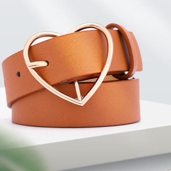 Camel Vegan Leather Heart Buckle Belt - Picture 1 of 8